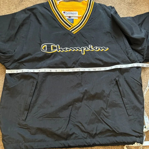 VTG Y2K Champion Windbreaker Sweatshirt Black and Yellow Logo - Mens Size Large - Picture 9 of 10